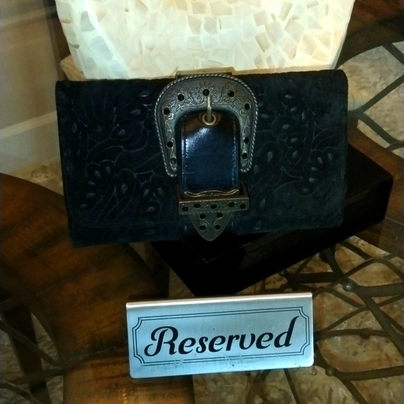 Vintage Western leather and suede large trifold black bling wallet. Very unique - Picture 1 of 6